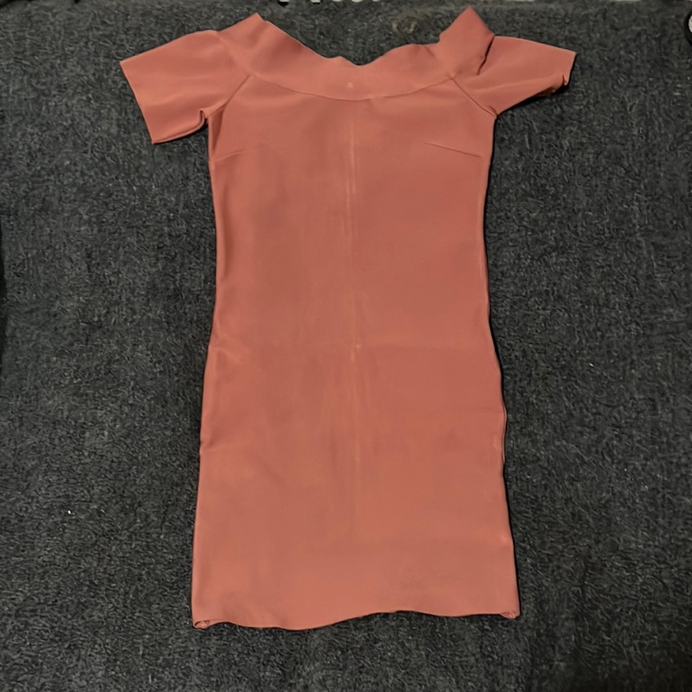 Blush/rose colored mini bandage off the shoulder dress. Never worn. Size medium